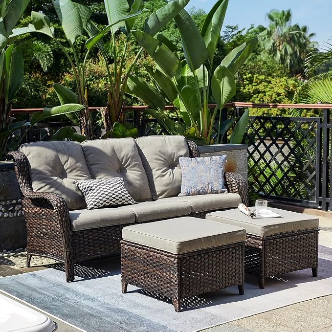 HUMMUH Patio Furniture 7 Pieces Outdoor Furniture Set PE Wicker Patio Couch with Swivel Glider Chairs,Patio Ottomans,Side Table