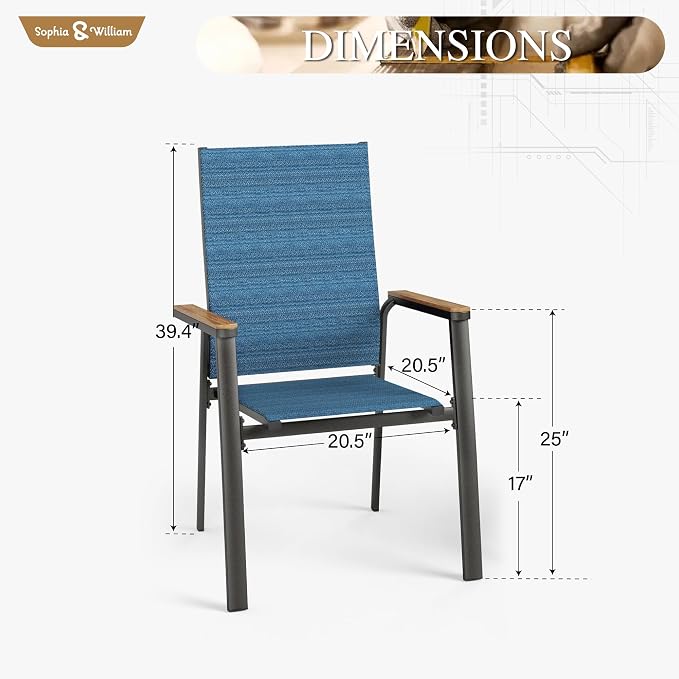 Sophia & William Patio Dining Chairs Set of 6, Stackable Aluminuum Frame | Blue textilene, Weather-resistant, light-weight & space-saving, Breathable & quick-drying, Outdoor deck backyard porch