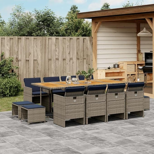 13-Piece Garden Dining Set with Cushions, Grey Poly Rattan Outdoor Patio Furniture, 12-Seater Table and Chair Foldable Space-Saving Cube Design