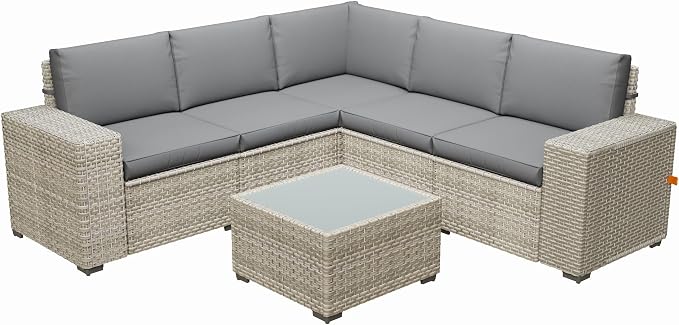 6 Piece Patio Furniture Set, 9.8" Wide Arm Sectional Sofa with Storage Armrests, All-Weather Rattan Outdoor Conversation Set for Garden, Porch, Lawn, Backyard, Balcony, Grey