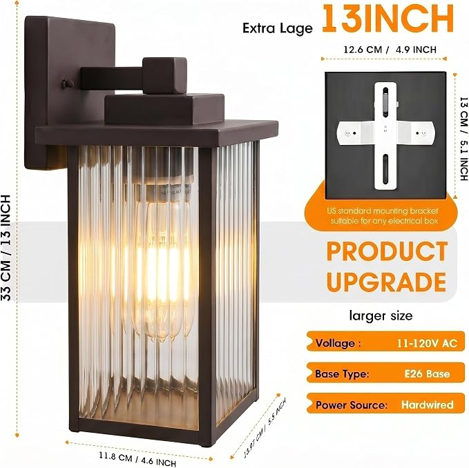 2-Pack 13" Oil-Rubbed Bronze Outdoor Wall Light, All-Metal Porch Light | Textured Glass Softens Glare, Stays Bright. Rust-Resistant Bronze Metal. Pre-Assembled DIY Install. For Porch, Garage & Entry