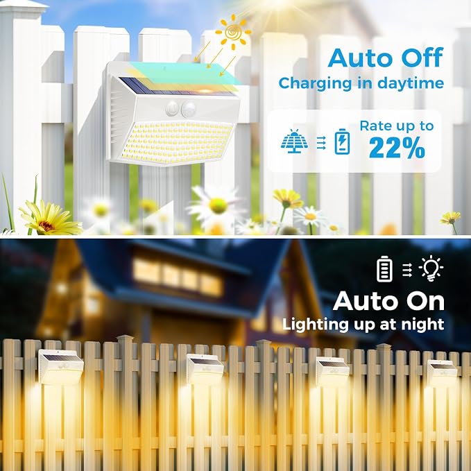 6 Packs Solar Outdoor Lights Motion Sensor, Solar Security Lights Waterproof with 3 Lighting Modes Solar Powered Wall Lights Outside for Garden Fence Yard Deck, Warm White