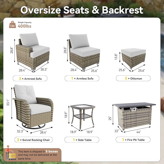 LET'S PATIO Luxury Patio Furniture Set with Fire Pit Table，9 Piece Outdoor Furniture Sectional Set with Swivel Rocker Chairs of 2，All-Weather Patio Sectional Sofas with Thickened Cushions, Grey