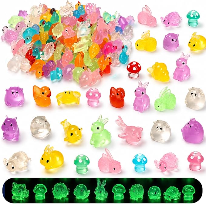 200PCS Mini Resin Animals Variety Pack Glow in The Dark, Miniature Figurines in Bulk & Tiny Ducks, Mini Figures to Hide, Fairy Garden Accessories Outdoor, Desk Pets Toys, Small Little Plastic Animals
