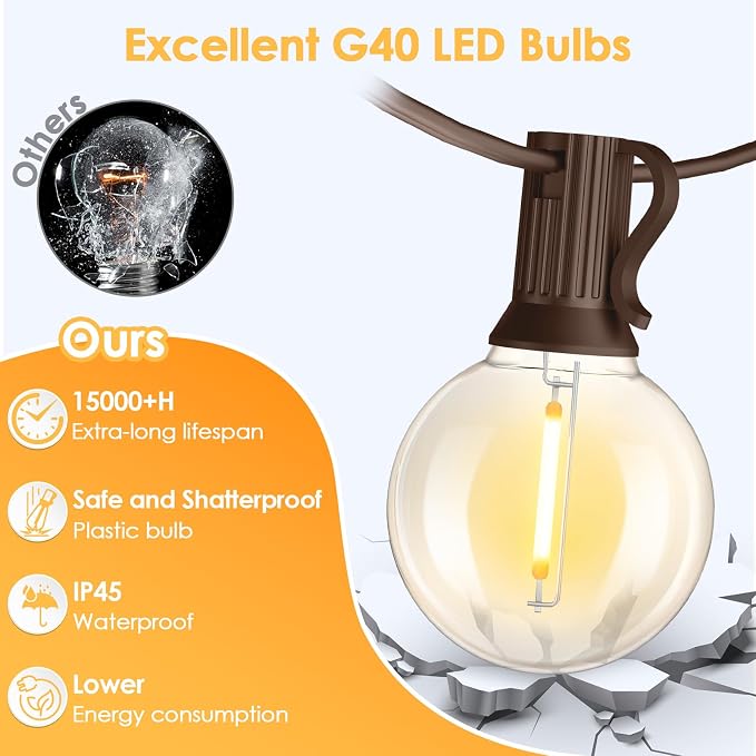 25FT G40 LED Outdoor String Lights with 10+1 Bulbs, Plug-in, Brown | Waterproof, Shatterproof, Dimmable, Connectable, Energy-saving, Patio Lights Porch Balcony Backyard Party Classroom Decor