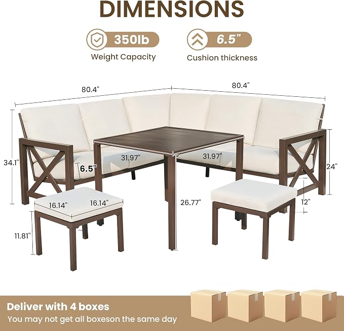 NATURAL EXPRESSIONS 8 Pieces Patio Furniture Sets,Metal Outdoor Sectional Couch L Shape Conversation Set,Highback Patio Sofa with Dining Table,2 Ottomans,Large Waterproof Cover,6.5" Cushion for Yard