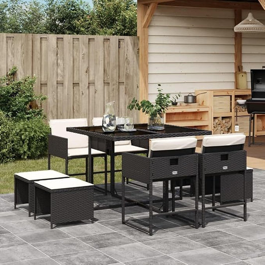 9 Piece Patio Dining Set with Cushions Black Poly Rattan Outdoor Table Chairs Stools Tempered Glass for Garden Backyard Deck Entertaining