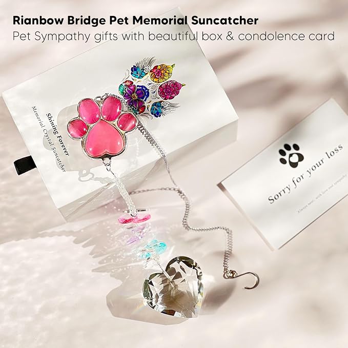 Dog Memorial Gifts, Pet Memorial Suncatcher, Loss of Dog Sympathy Gift | Thoughtful Dogs and Cats Bereavement Remembrance Gifts, Natural Cat's Eye Stone Paw Crystal Suncatcher