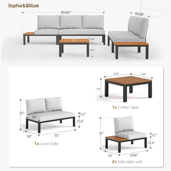Sophia & William 5 Pieces Outdoor Patio Furniture Set, Metal Sectional Sofa Set Patio Conversation Set with Cushions-2 x Single Sofa with Side Table, 2 x Loveseat, 1 x Tea Table