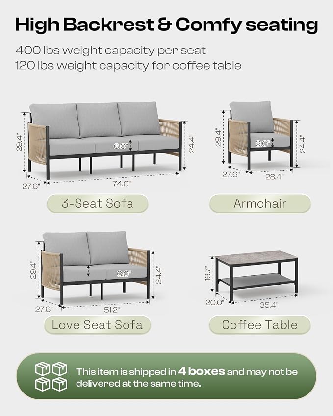 Aluminum Outdoor Patio Couch Loveseat, HDPE Rope Patio Sofa with Washable Thick Cushion, All-Weather Patio Furniture for Balcony, Yard, Gray Frame, Gray
