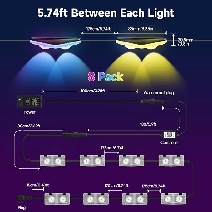 AHAWILL Fence Lights Outdoor 8 Packs,Smart RGB Fence Lighting with APP&Remote Control,IP67 Waterproof Fence Lights,DIY Scene Modes,LED Light for Fence,Patio,Yard,Garden(50ft)