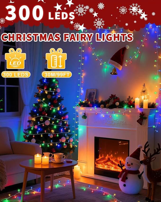 Christmas Lights String Outdoor Indoor, Xmas Tree Decorations Lights, Plug in Twinkle Fairy Light with Remote Timer Dimmable for Room Yard Holiday Party Wedding Decor (Multicolor, 108FT 300 LED)