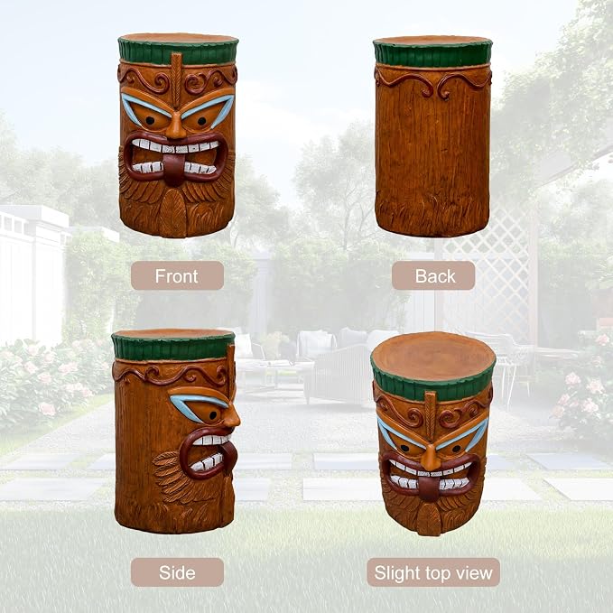 Tiki Outdoor Side Table, Fiber Reinforced Concrete Patio End Table, 20 Inch Decorative Garden Statue Stool with Wood Grain and Tribal Mask Design for Patio, Poolside, Garden, Porch