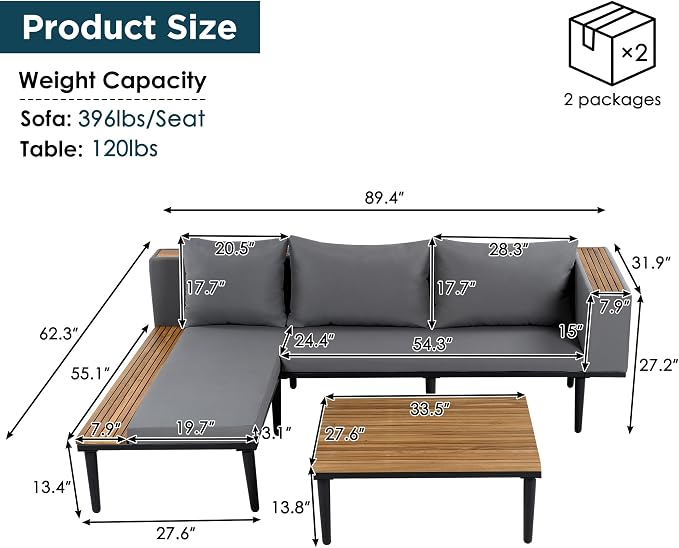 Luxury Patio Furniture Set with Removable Cushions and Coffee Table, L-Shaped Acacia Wood Sofa with Side Table, Outdoor Conversation Sectional Sofa for Backyard,Porch (Gray#51)