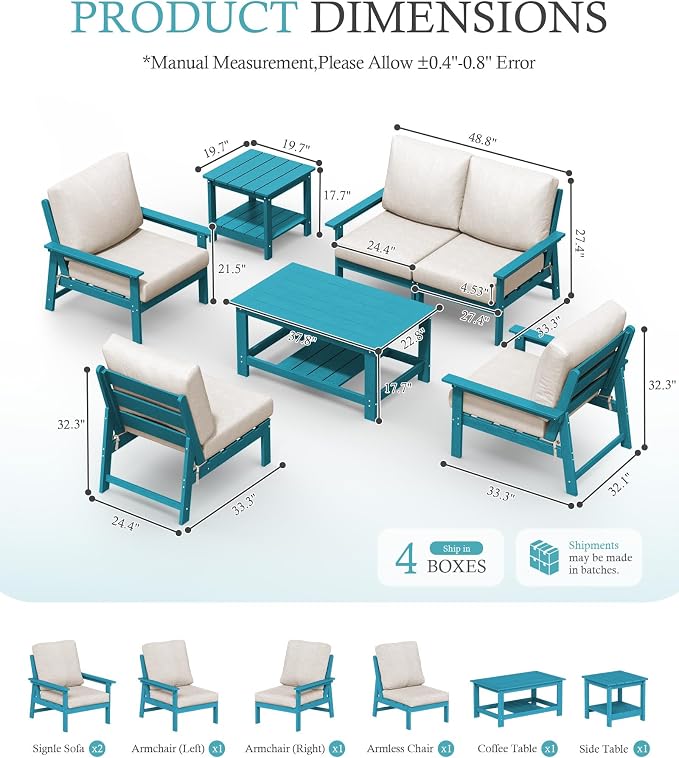 Ciokea Modular Patio Furniture Set with Thicked Cushions, 7Pcs All-Weather Outdoor Conversation Set with Coffee Table & Side Table, Modern Sectional Sofa Set for Deck (Blue Frame/Beige Cushions)