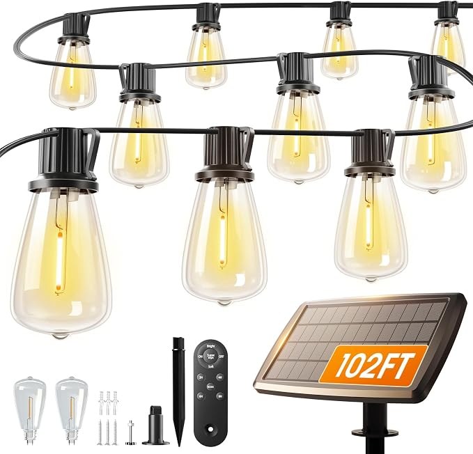 addlon 102FT(96+6) Solar String Lights Outdoor with Remote, 48 LED Dimmable | Waterproof Patio Hanging Lights (2FT Bulb Spacing), Long-Lasting Solar Light for Outside, Yard, Backyard, Garden, Camping
