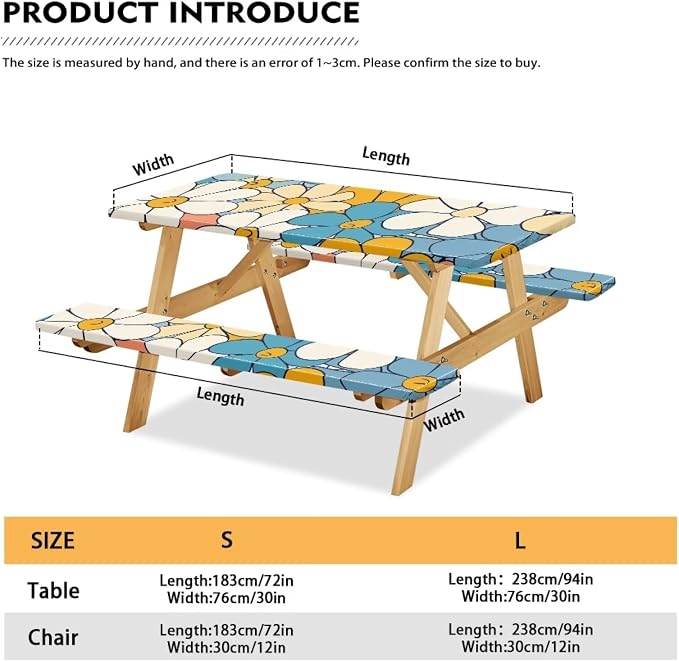 Cute Floral Picnic Table Cover with Bench Covers with Elastic Band Outdoor Camping Tablecloth Water and Oil Repellent Elastic Picnic Table Cover Suitable for Family Gatherings Vacations