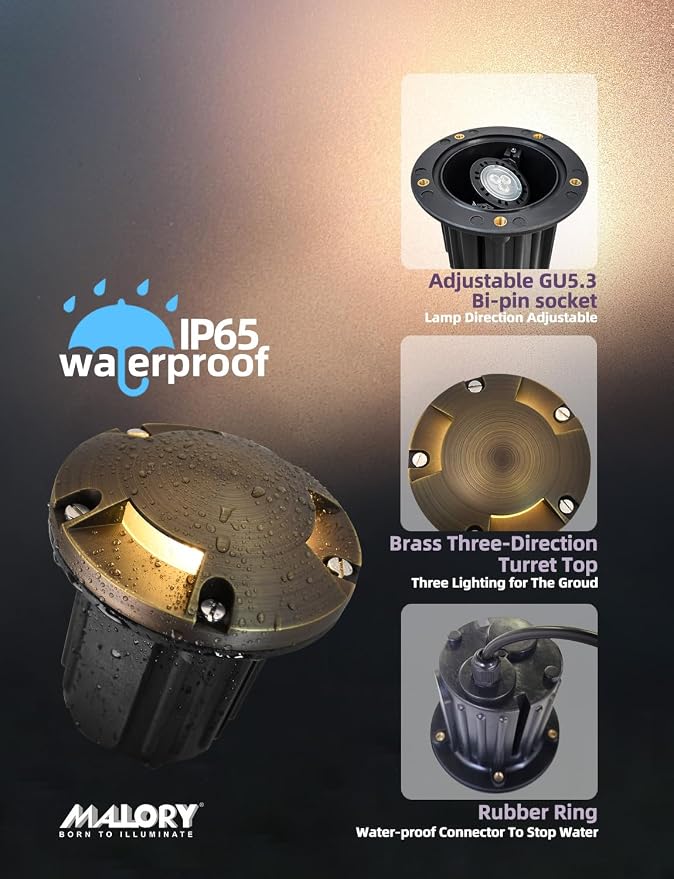 MALORY Brass Top Cover Landscape Well Lights, （5‘’H） Low Voltage Outdoor In Ground Lights, 12V Landscape Lighting for Pathway, Driveway and Garden (Three-Direction Turret, 1-Pack with Bulb)