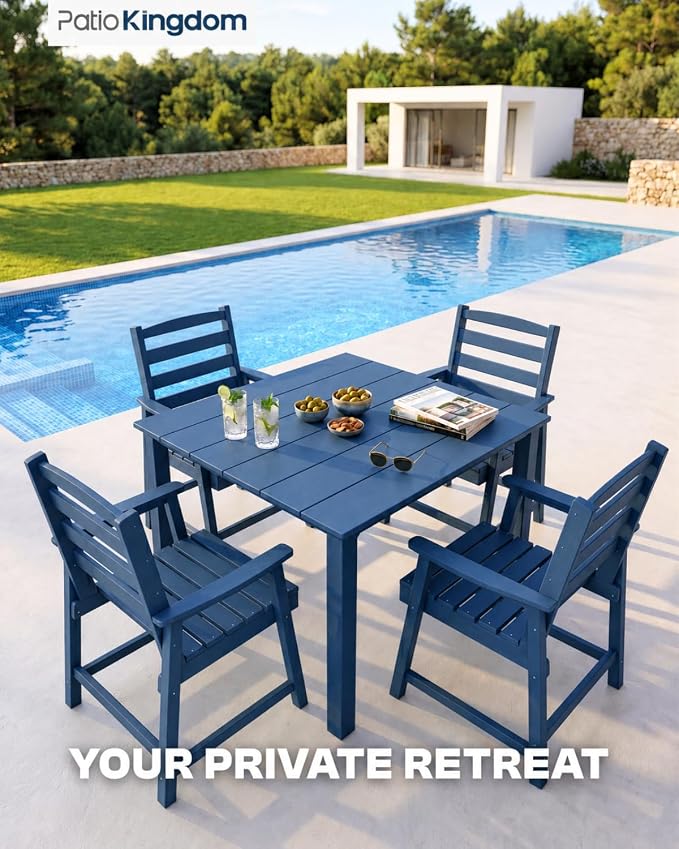 HDPE Outdoor Dining Set for 4, Armchairs, Navy | All-Weather HDPE, Wood Grain Finish, 42.5" Square Table, Built-In Umbrella Hole, Seats 4, Patio & Poolside Ready