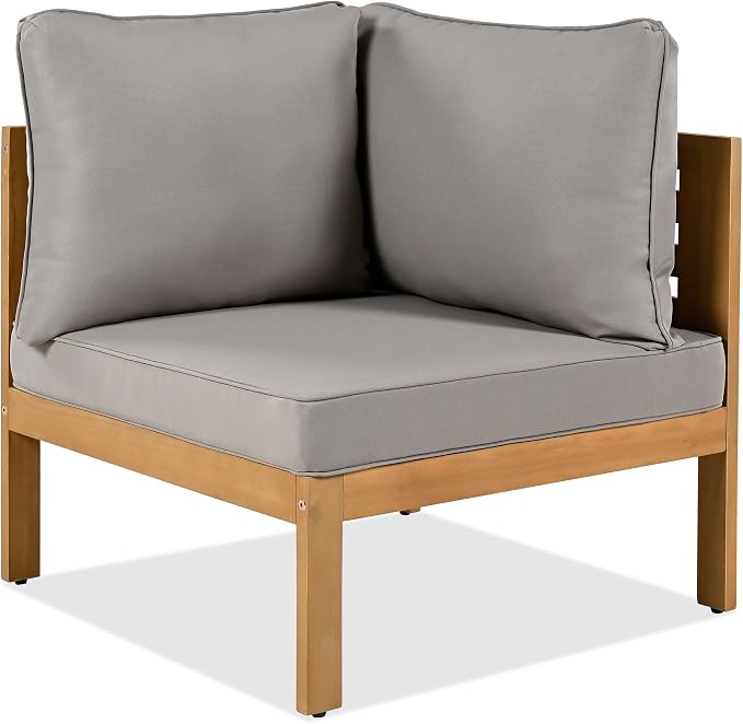 JIVOIT Acacia Wood Sofa Set, 4 Pieces Outdoor Conversation Set with Coffee Table, L-Shaped Patio Furniture Sofa with Woven Mesh Armrests, Cushions and Side Table, Adjustable Foots (Gray/201)