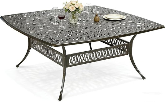 MEETWARM 64" Square Cast Aluminum Patio Dining Table, Weather-Resistant Large Outdoor Dining Table for 8 Person, Patio Furniture Table with Umbrella Hole and Adjustable Foot Pads, Dark Bronze