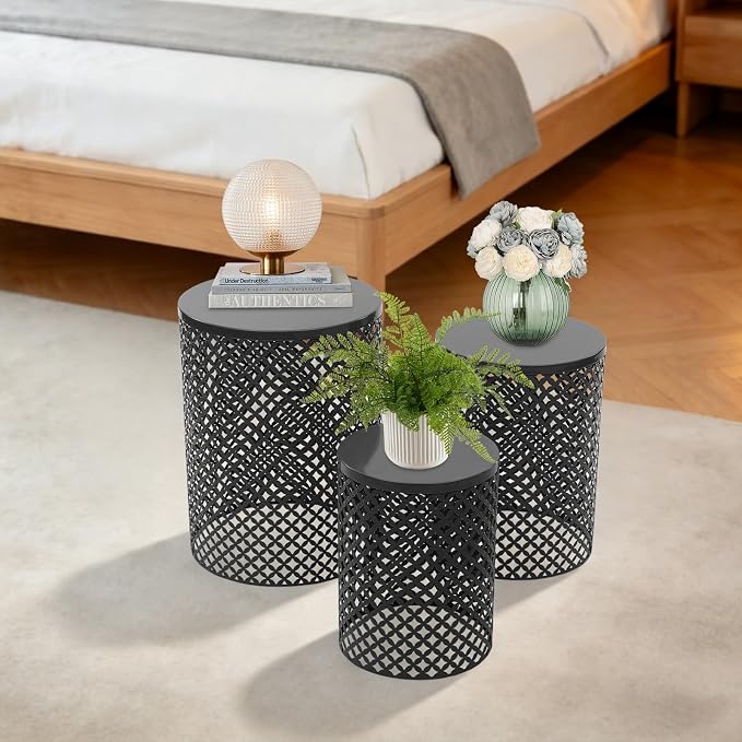 3 Piece Outdoor Coffee Table Side Table Set, Black Metal Round End Tables for Patio, Small Stackable Nesting Tables, Heavy Duty Decorative Accent Table Garden Stools for Balcony, Indoor Living Room