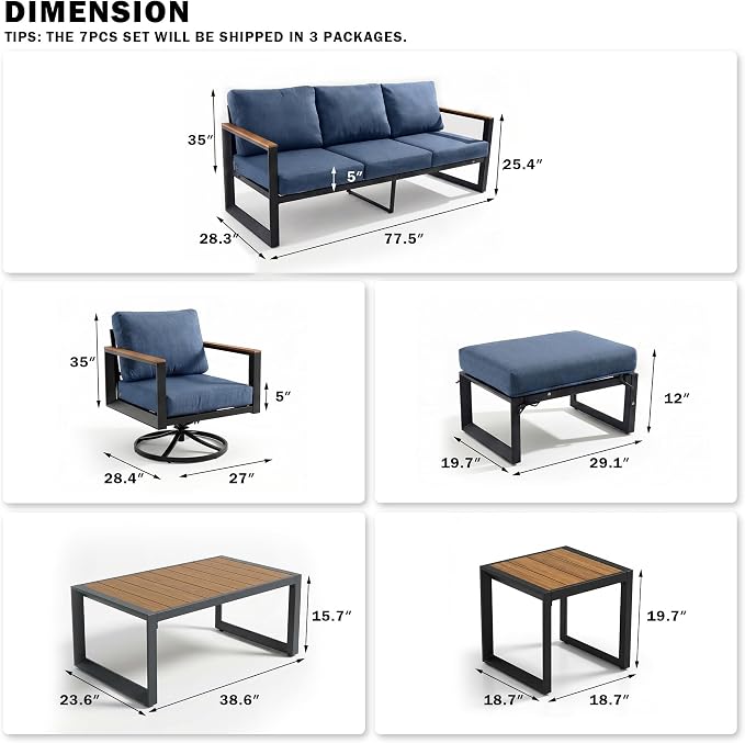 Aluminum Outdoor Patio Furniture Set 7 Pieces, 2 Swivel Rocking Chairs, 3-Seater Bench, 2 Ottomans, Coffee Table & Side Table, Patio Sectional Conversation Furniture Set with Thick Cushions