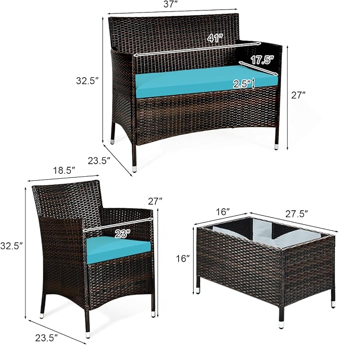 4 Pieces Patio Sofa Set, Wicker Conversation Set with Ergonomic Curved Backrest, Rattan Furniture Set with Water-Resistant Cushion & Tempered Glass Table for Balcony, Porch (Turquoise)