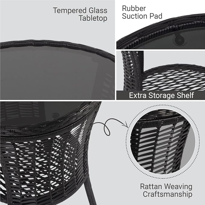 Kinfant Round Outdoor Wicker Side Table - with Tempered Glass Top, Patio End Table with Unique Shape, Storage Shelf for Balcony, Porch, Deck, Garden, Weather-Resistant Rattan, Easy Assembly