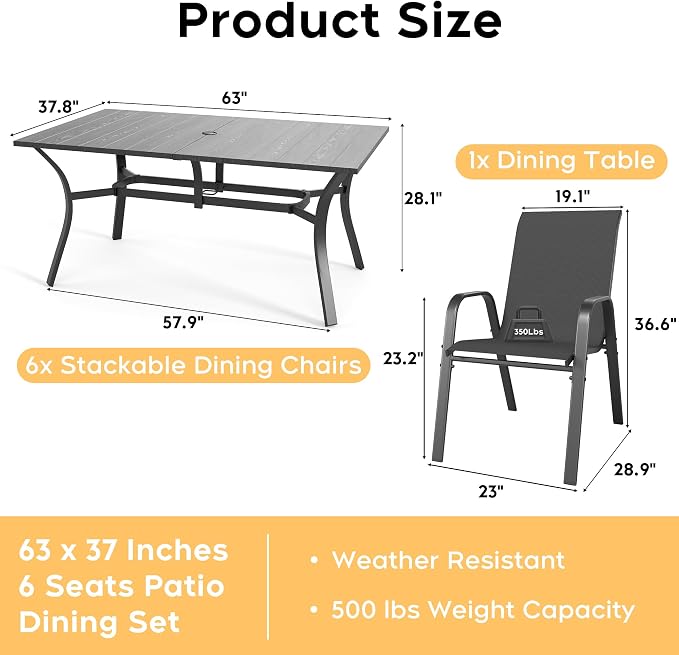 7-Piece Outdoor Dining Set - Rectangular Patio Table with Umbrella Hole and 6 Stackable Dining Chairs All-Weather for Garden, Deck, and Poolside (Black, 63"L x 38"W x 28"H Rectangle Dining Table)