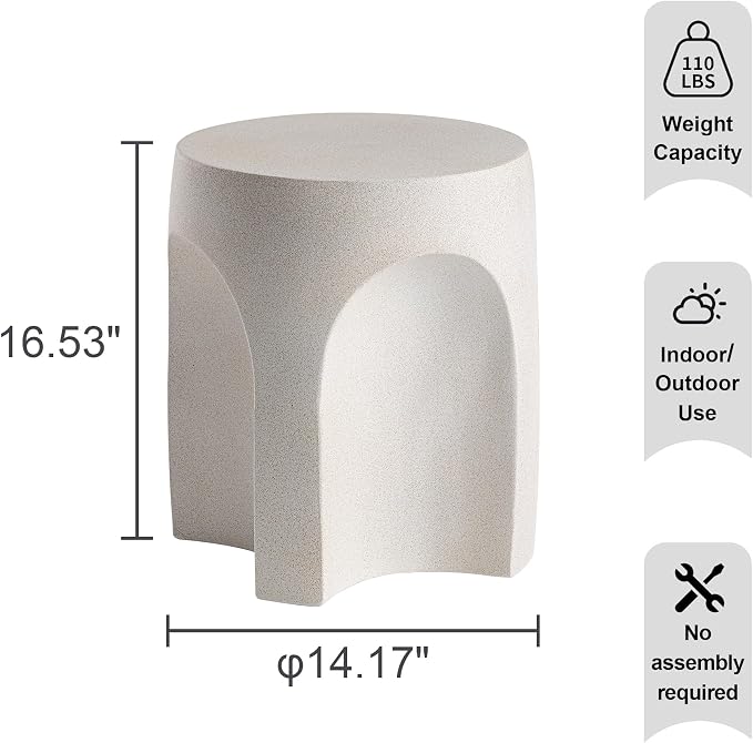 HOMPUS Outdoor Side Table w Arch Shape, Unique Patio End Table, Round MgO Coffee Lightweight Concrete Accent, Modern Vintage Garden Plant Stand for Indoor Outdoor Use, White