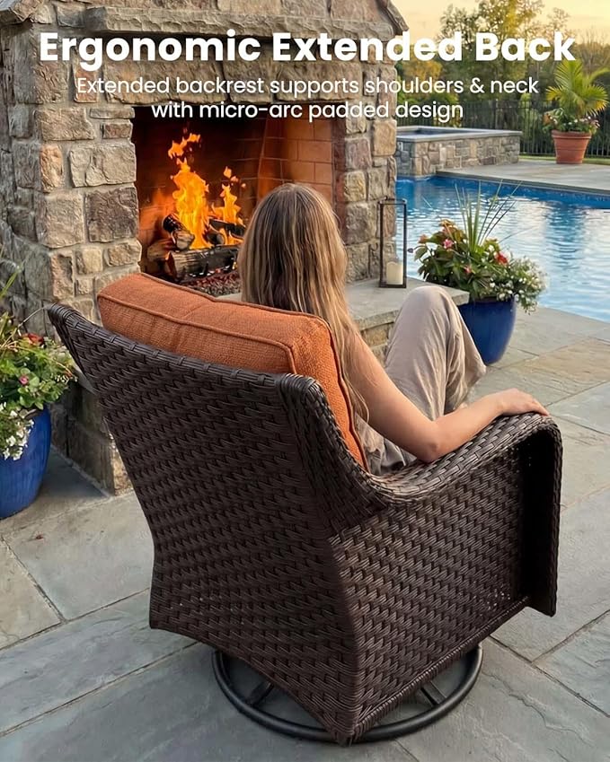 7 Pieces Outdoor Furniture Set with 6-inch Cushions, High Back Wicker Swivel Rocker Chairs with Fire Pit Table, Luxury Conversation Set for Deck Patio and Poolside
