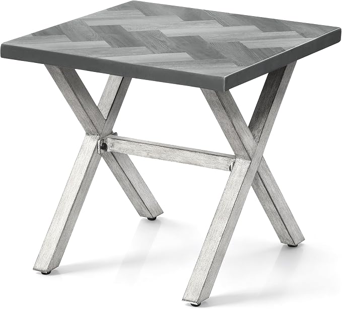 Never-Rust Aluminum Outdoor Side Table, Anti-Rust Outside Patio Side Table with Resin Tabletop, Modern Weather-Resistant Square Patio End Table for Yard, Garden, Poolside, White Oak
