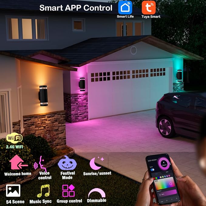 Remote Control RGB Color Changing Wall Lighting Up and Down Outdoor Wall Lights, White Temperature 2700k- 6500k Exterior Lights Fixtures Wall Mount - ETL Listed (3 Pack)