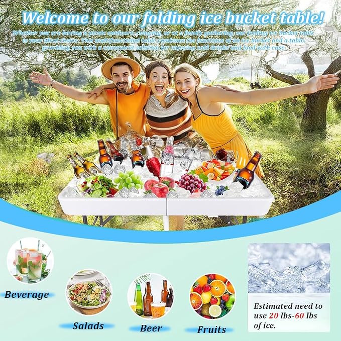Folding Ice Cooler Table 5ft with Drain, White | Portable Chill Station, No Setup Required, Skirt-Ready, For Parties, Picnics & BBQs, Load & Serve Drinks & Food