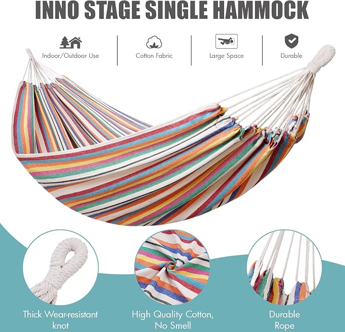 INNO STAGE Brazilian Hammock with Tree Straps - Cotton Hammocks Portable Hammock with Carry Bag for Backyard, Porch, Outdoor and Indoor Use Mixcolor
