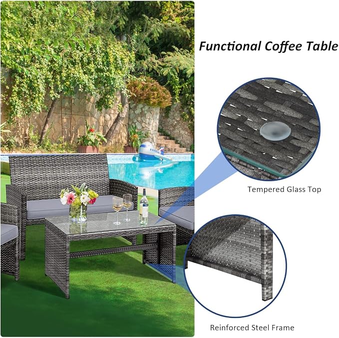 Outdoor Conversation Set, 8 Pieces Wicker Patio Furniture Set with Ergonomic Curved Design, Patio Chair Set with Water-Resistant Cushion & Tempered Glass Table for Backyard, Porch(Gray)