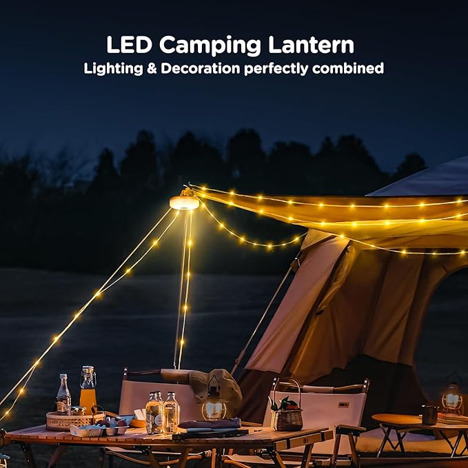 Camping String Lights 4 in 1, 32.8FT Quick Storage 8 Modes Protable | Rechargeable Fairy Tent Lights String , Hanging Waterproof LED Lamp for Outdoor Indoor Patio Awning Decor Camping Essentials