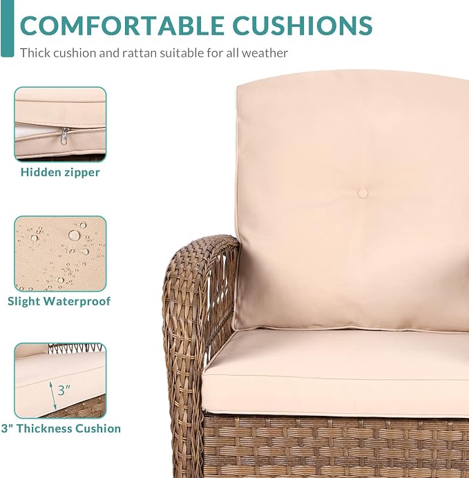 MEETWARM 5 Pieces Outdoor Wicker Patio Conversation Sets with Glider Loveseat, 2 Chairs with 2 Glass-Top Coffee Table Rocking Glider Set, Wicker Conversation Set with Thickened Cushions, Beige