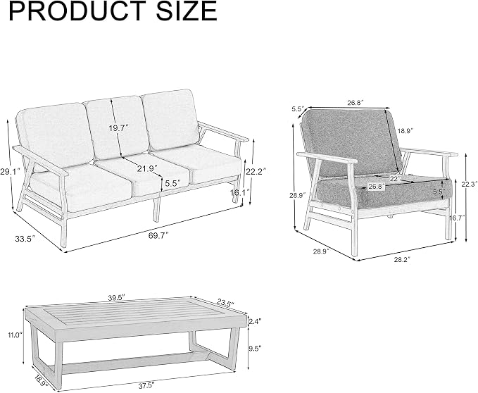 4 Pieces Patio Furniture Sets, Teak Wood Outdoor Sectional Furniture with Coffee Table, 5 Seats Patio Sofa Couch Conversation Set for Backyard Deck - Navy