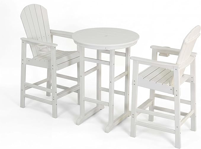 WILLIAMSPACE Height Patio Bar Table Set of 3, Outdoor Round Bar Table with Umbrella Hole, 2 Bar Stools with Cup Holders, 3-Piece All-Weather Outdoor Bistro Set for Kitchen Outside (White)