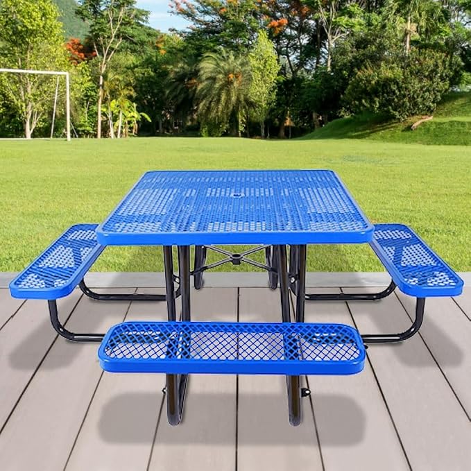 46" Square Commercial Picnic Table for 4-8 Person, Heavy Duty Metal Outdoor Picnic Table with Umbrella Hole for Coffee Shop, School, Hospital, Easy to Install, Blue