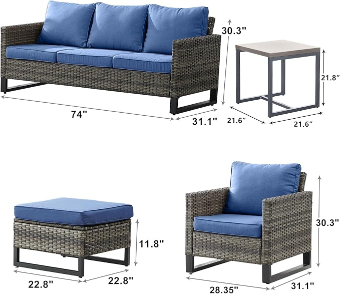 Luxury Wicker Outdoor Patio Furniture Set - 6 Piece Patio Conversation Set with 2 Armrest Chairs,2 Rattan Ottoman,1 Couch and 1 Metal Side Table for Outside Porch Deck Backyard(Mixed Grey/Blue)