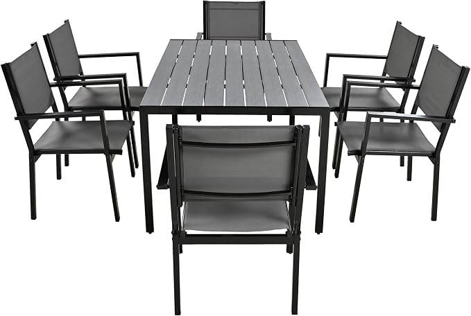 U-Style Steel Outdoor Table and Chair Set, 7 Piece Patio Dining Set for 6, Rectangular Balcony Table and Chairs, Suitable for Patio, Courtyard, Garden (Gray)