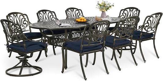 9-Piece Patio Dining Set, Outdoor Patio Table and Chair Set of 84” Oval Cast Aluminum Dining Table with Umbrella Hole, 6 Stationary, 2 Swivel Rocker Chairs, Patio Funiture Set, Navy