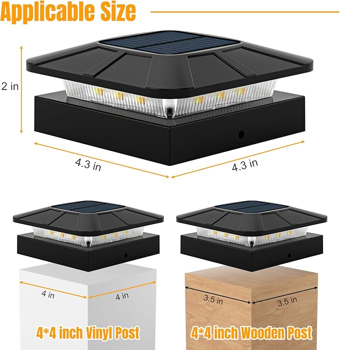 4x4 Solar Fence Post Cap Lights Outdoor Waterproof, 4 Pack | IP65, 3 Modes Auto On/Off,Deck, Garden, Patio, Deck, Backyard, Porch, Sidewalk