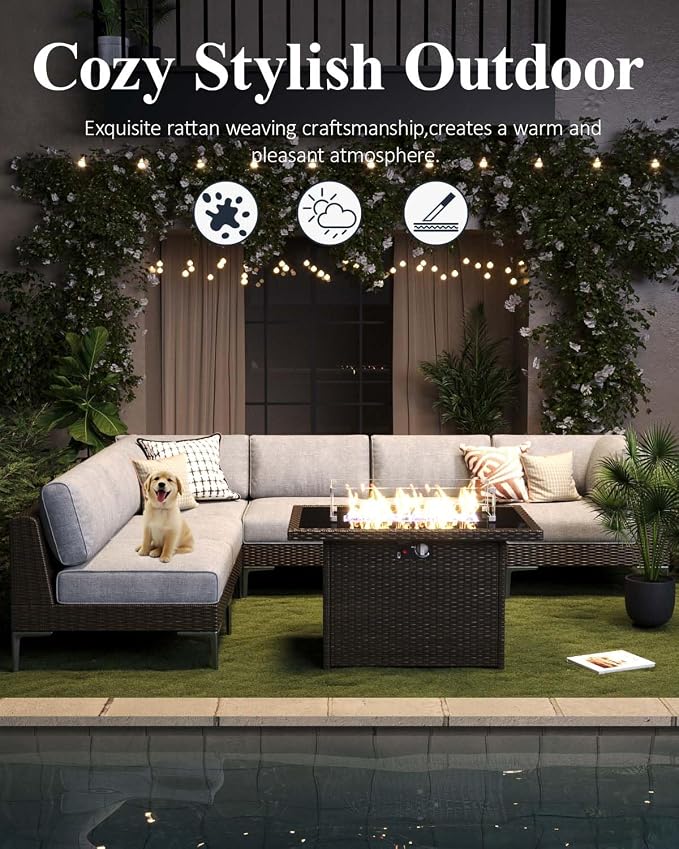 LayinSun 9-Piece Outdoor Modular Wicker Sectional Sofa with Fire Pit Table, Patio Furniture Conversation Set with Deep Seating and Thick Cushions