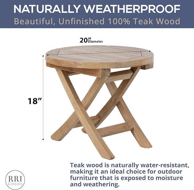 Teak Wood Folding 20”-Inch Outdoor Coffee Table - Perfect for Camping & Outdoor Entertaining - Ideal for Backyard, Front Porch, Balcony (Round)
