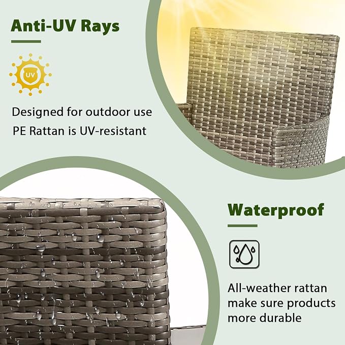 PayLessHere Outdoor Furniture Set 4 Pcs Modular Patio Furniture Set Water Resistant Conversation Set with 3 Rattan Chairs 1 Tempered Glass Topped Table for Patio Poolside, Gray Wicker/Red Cushions