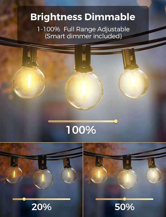 XMCOSY+ Patio Lights, Smart 50Ft Outdoor String Lights with 25 G40 Bulbs | Dimmable LED globe bulbs, APP control, works with Alexa, IP65 waterproof, connectable design for outdoor patio decor
